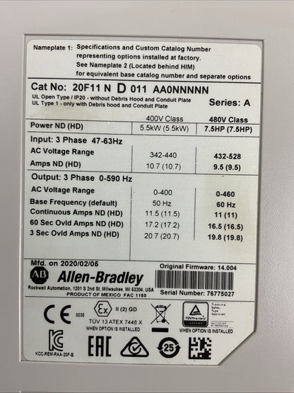 ALLEN BRADLEY 20F11 N D 011 AA0NNNNN SER A FIRMWARE 14.004 AC DRIVE 5.5kW 7.5HP
