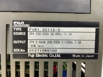 FUJI FV1.5C11S-2 AC DRIVE INVERTER OUTPUT 3PH 2.6kVA 200-230V 7A INPUT 200-230V