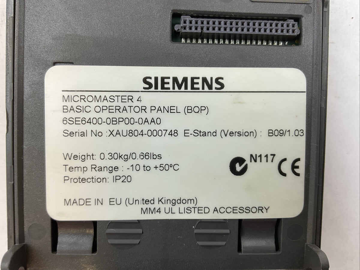 SIEMENS 6ES6400-0BP00-0AA0 MICRO MASTER 4 BASIC OPERATOR PANEL VERSION B09/1.03