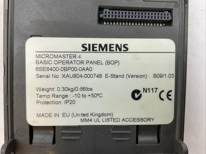SIEMENS 6ES6400-0BP00-0AA0 MICRO MASTER 4 BASIC OPERATOR PANEL VERSION B09/1.03