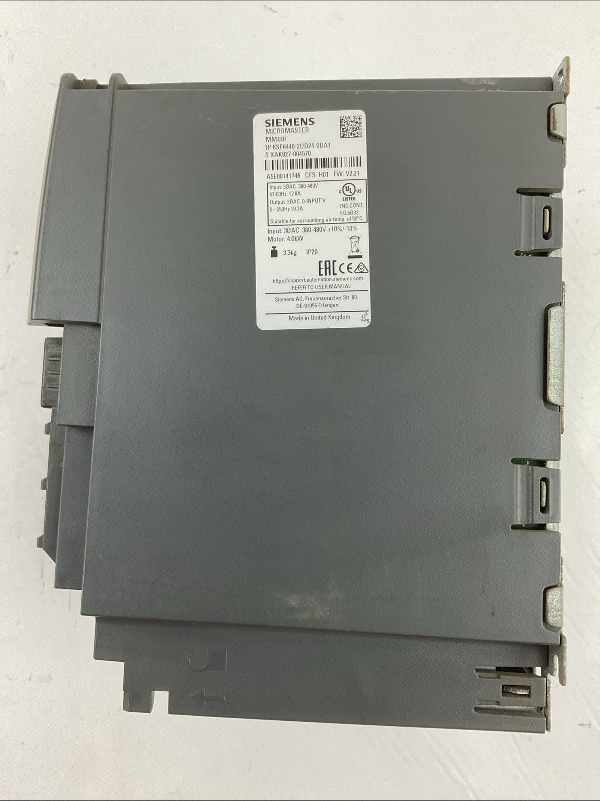 SIEMENS MICROMASTER MM440 1P 6SE6440-2UD24-0BA1 CFS: H01 FW: V2.21 AC DRIVE