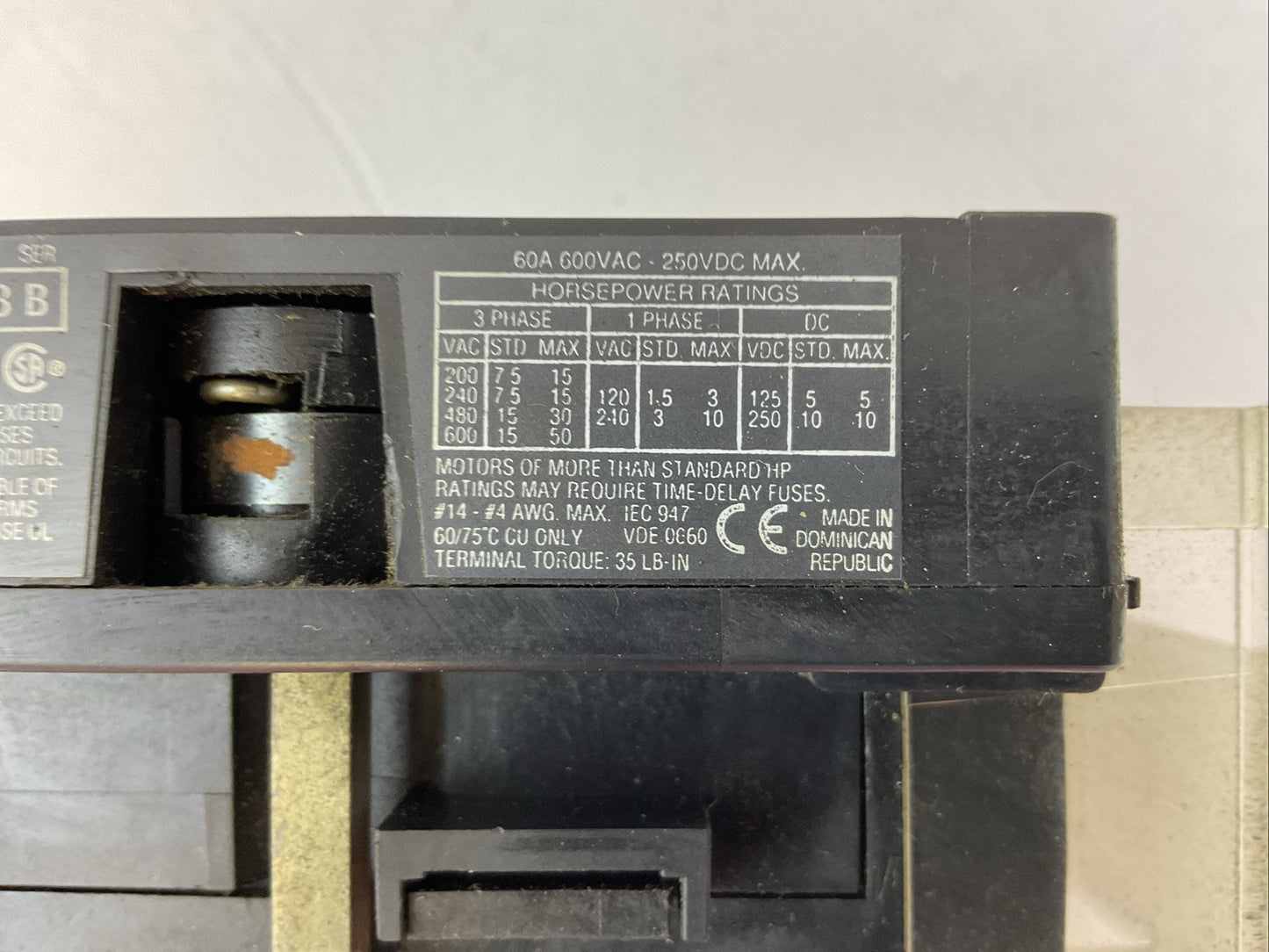 ALLEN BRADLEY 194R-NJ060P3 DISCONNECT SWITCH SER B 600VAC 50HP 250VDC 10HP