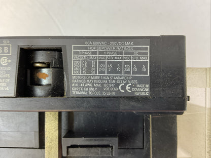 ALLEN BRADLEY 194R-NJ060P3 DISCONNECT SWITCH SER B 600VAC 50HP 250VDC 10HP