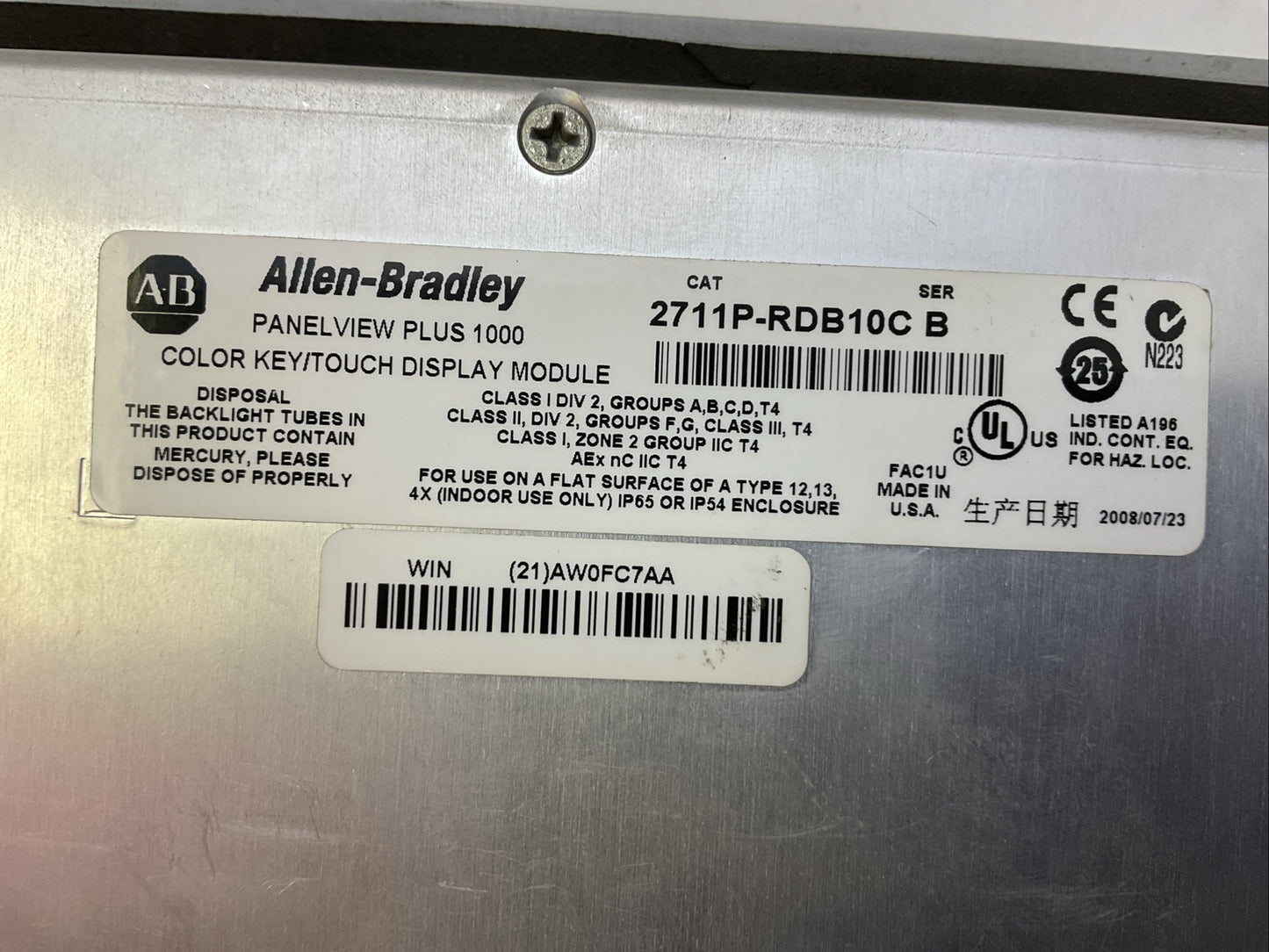 ALLEN BRADLEY 2711P-B10C4D2 SER A PANELVIEW PLUS 1000 24VDC