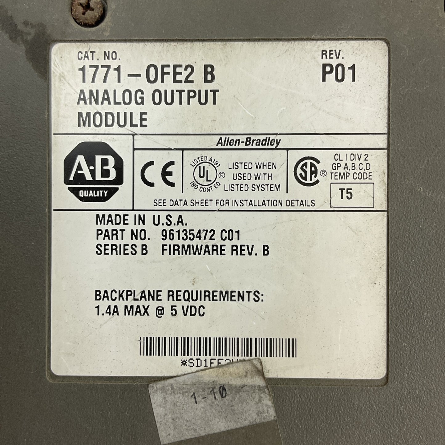 ALLEN BRADLEY 1771-OFE REV P01 SER B FIRMWARE REV B ANALOG OUTPUT MODULE
