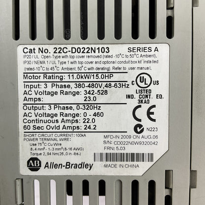ALLEN BRADLEY 22C-D022N103 AC DRIVE SER A FRN 5.03 OUTPUT 0-460VAC