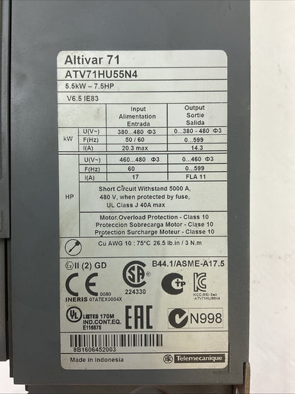 SCHNEIDER ELECTRIC ATV71HU55N4 VARIABLE SPEED DRIVE 5.5kW 7.5HP OUTPUT 0..460VAC