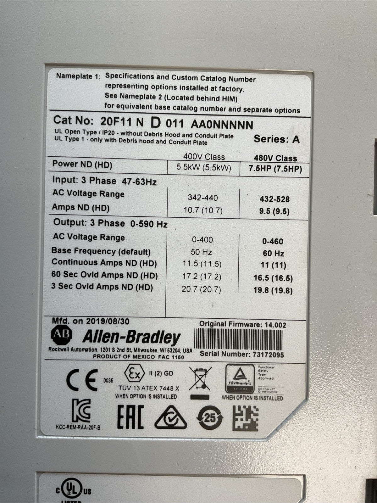 ALLEN BRADLEY 20F11 N D 011 AA0NNNNN SER A FIRMWARE 14.002 AC DRIVE 20-HIM-A3