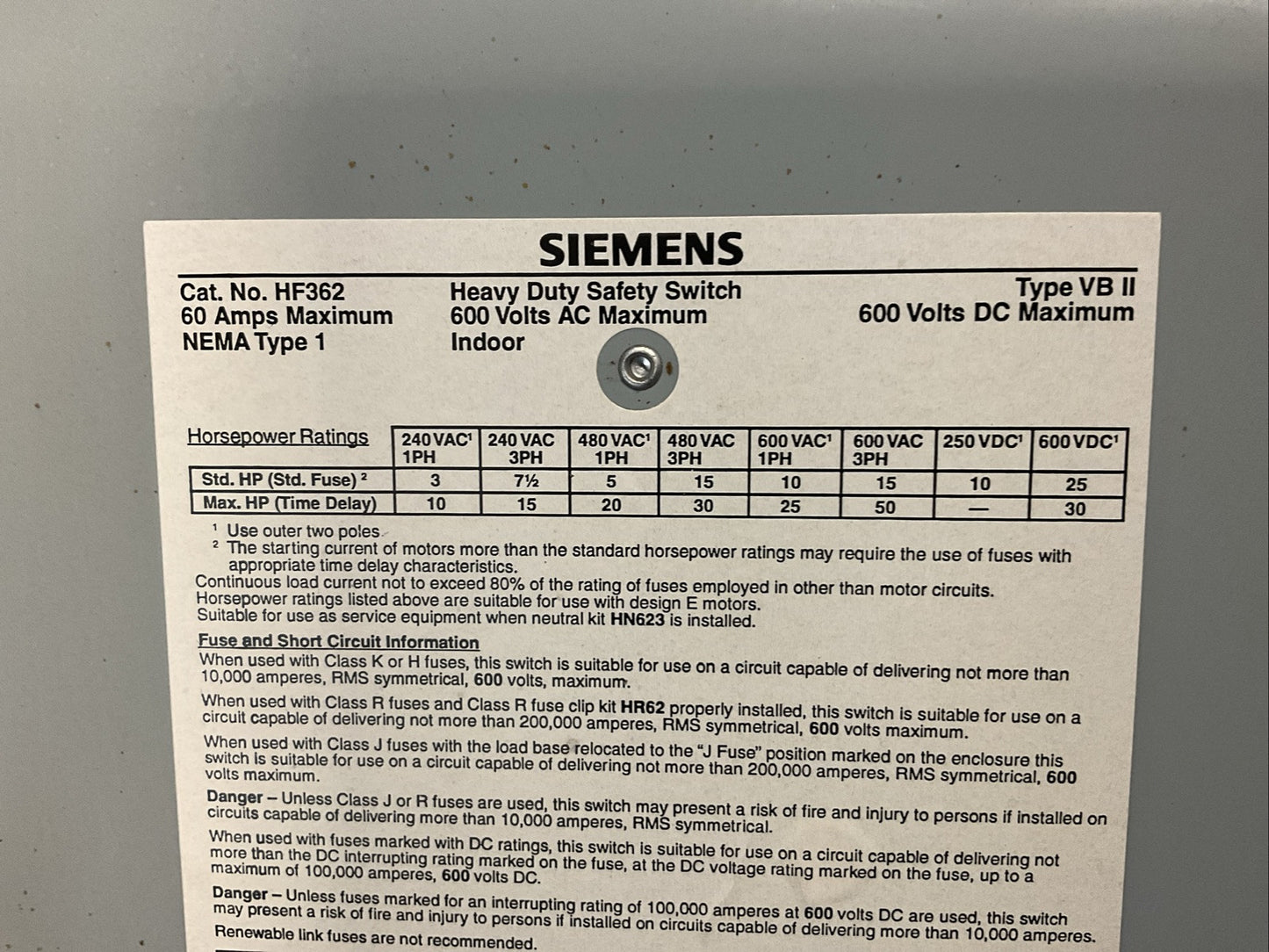 SIEMENS HF361 FUSIBLE SAFETY SWITCH 60AMP 600VAC