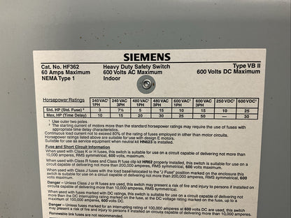 SIEMENS HF361 FUSIBLE SAFETY SWITCH 60AMP 600VAC