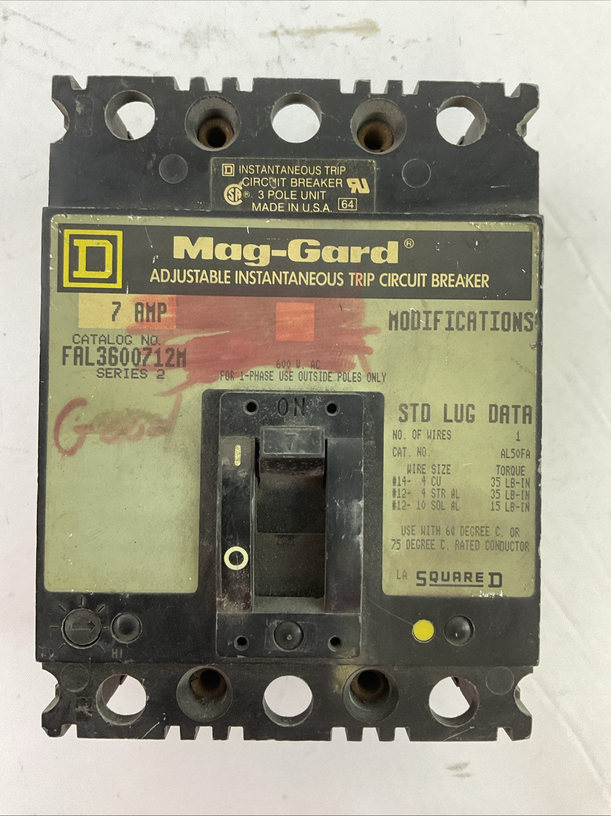 SQUARE D FAL3600712M MAG-GARD ADJ. INSTATANEOUS TRIP CIRCUIT BREAKER 7A SER 2