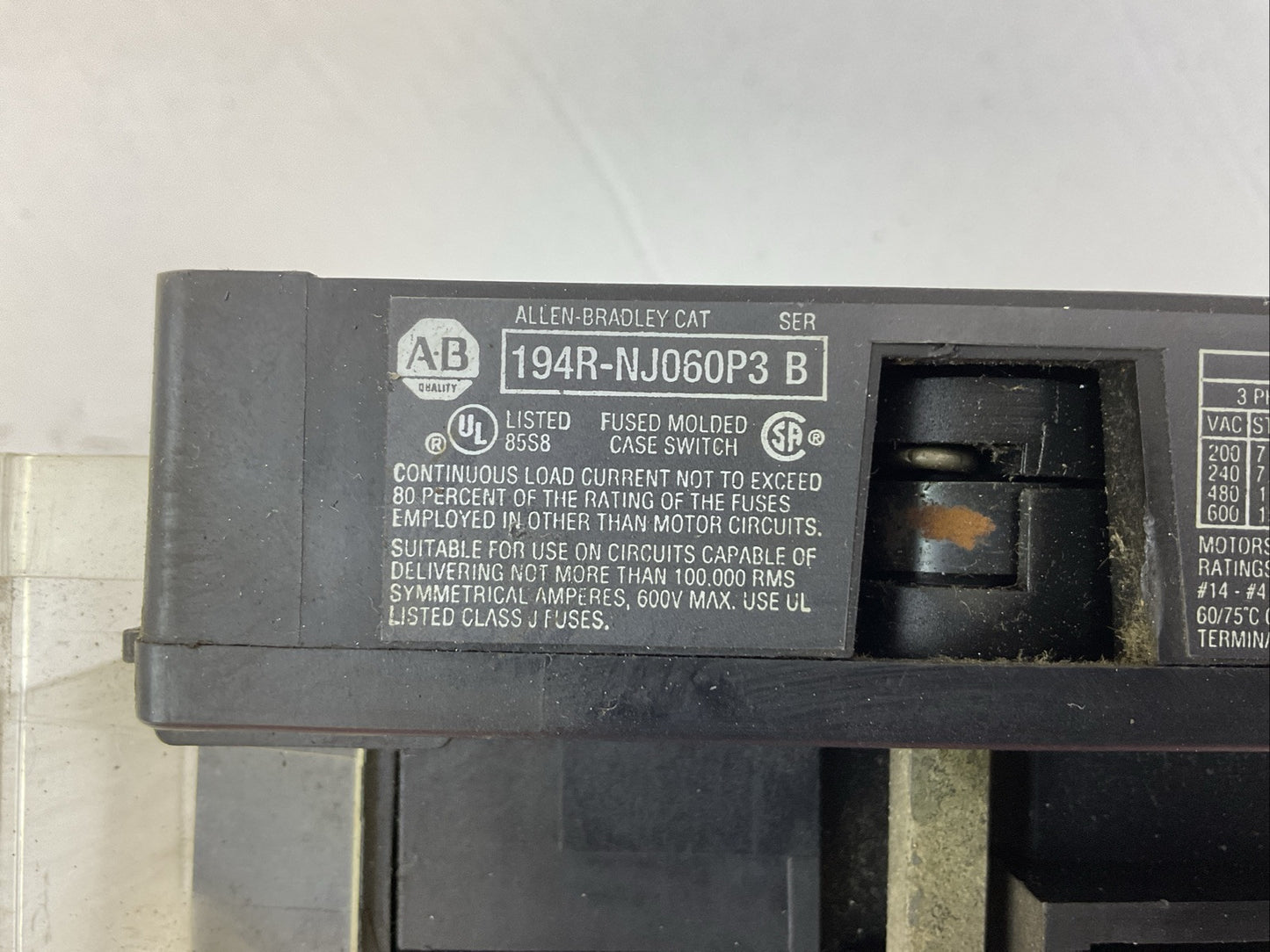 ALLEN BRADLEY 194R-NJ060P3 DISCONNECT SWITCH SER B 600VAC 50HP 250VDC 10HP