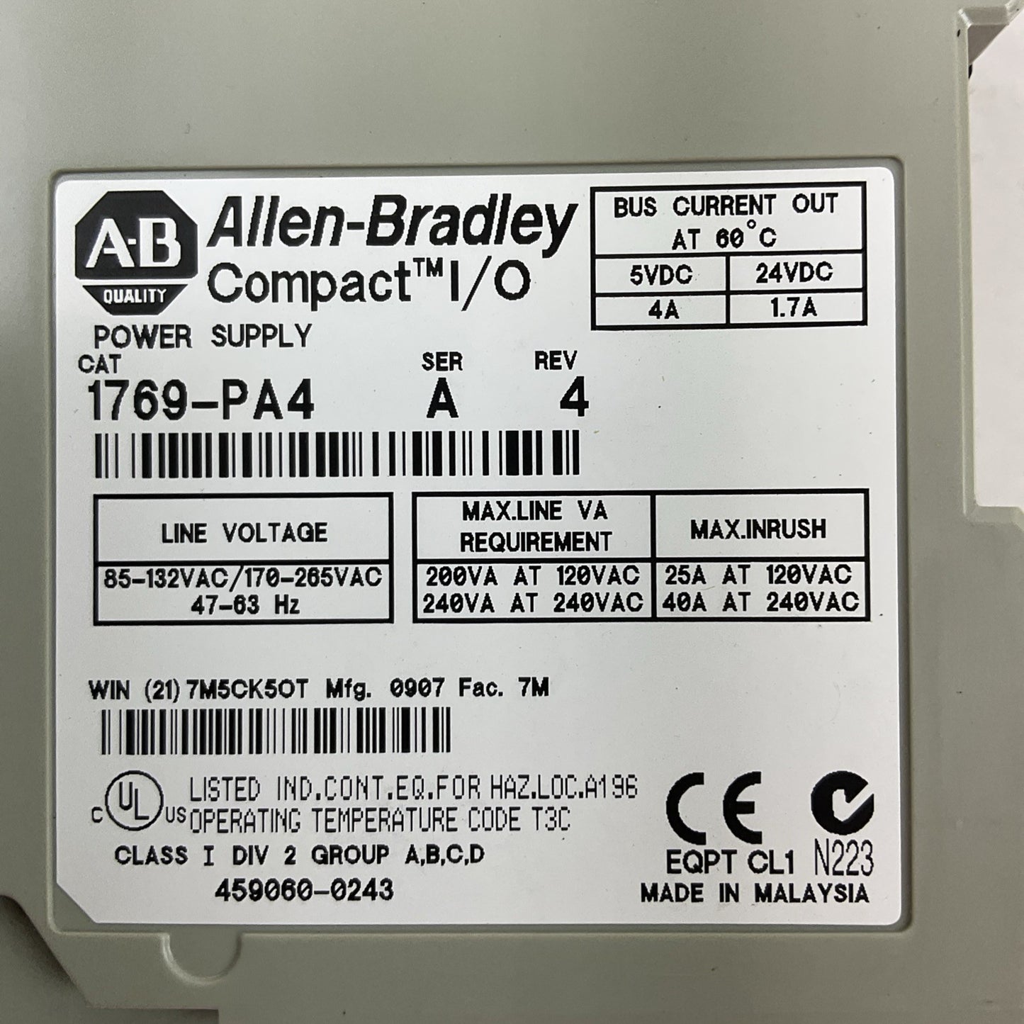 ALLEN BRADLEY 1769-PA4 COMPACT 1/O POWER SUPPLY SER A REV 4