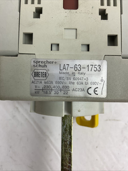 SPRECHER + SCHUH LA7-63-1753 DISCONNECT SWITCH 63A 600VAC 3PH 25HP