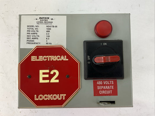 DAYKIN MDGTB-05 DISCONNECT SWITCH TRANSFORMER 1000VA PRI 480V 2.3A SEC 120V 8.3A
