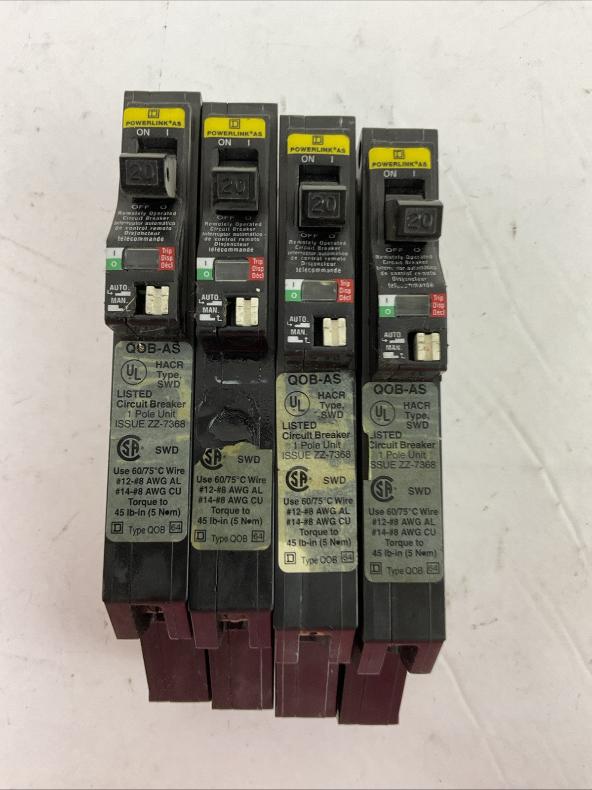 SQUARE D QOB120AS 1P 20A 120VAC PowerLink AS Circuit Breaker (LOT OF 4)