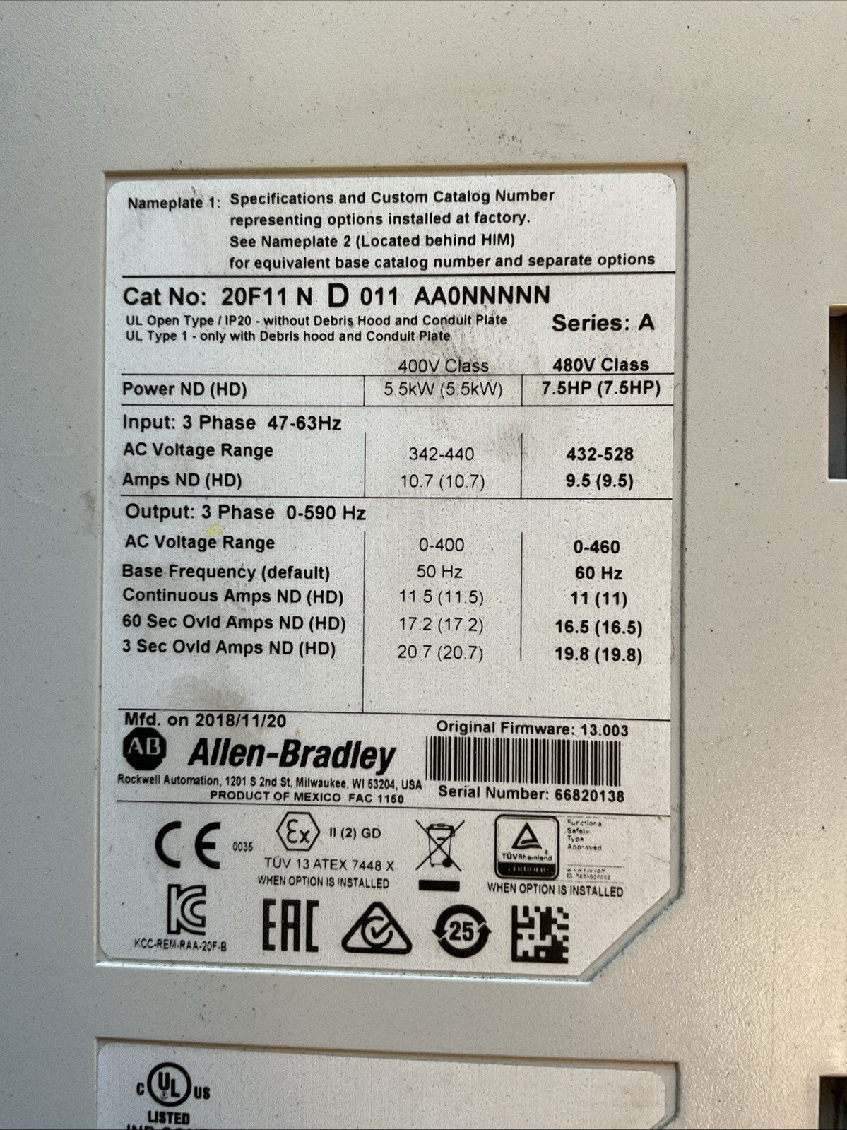 ALLEN BRADLEY 20F11 N D 011 AA0NNNNN SER A FIRMWARE 13.003 AC DRIVE 5.5kW 7.5HP