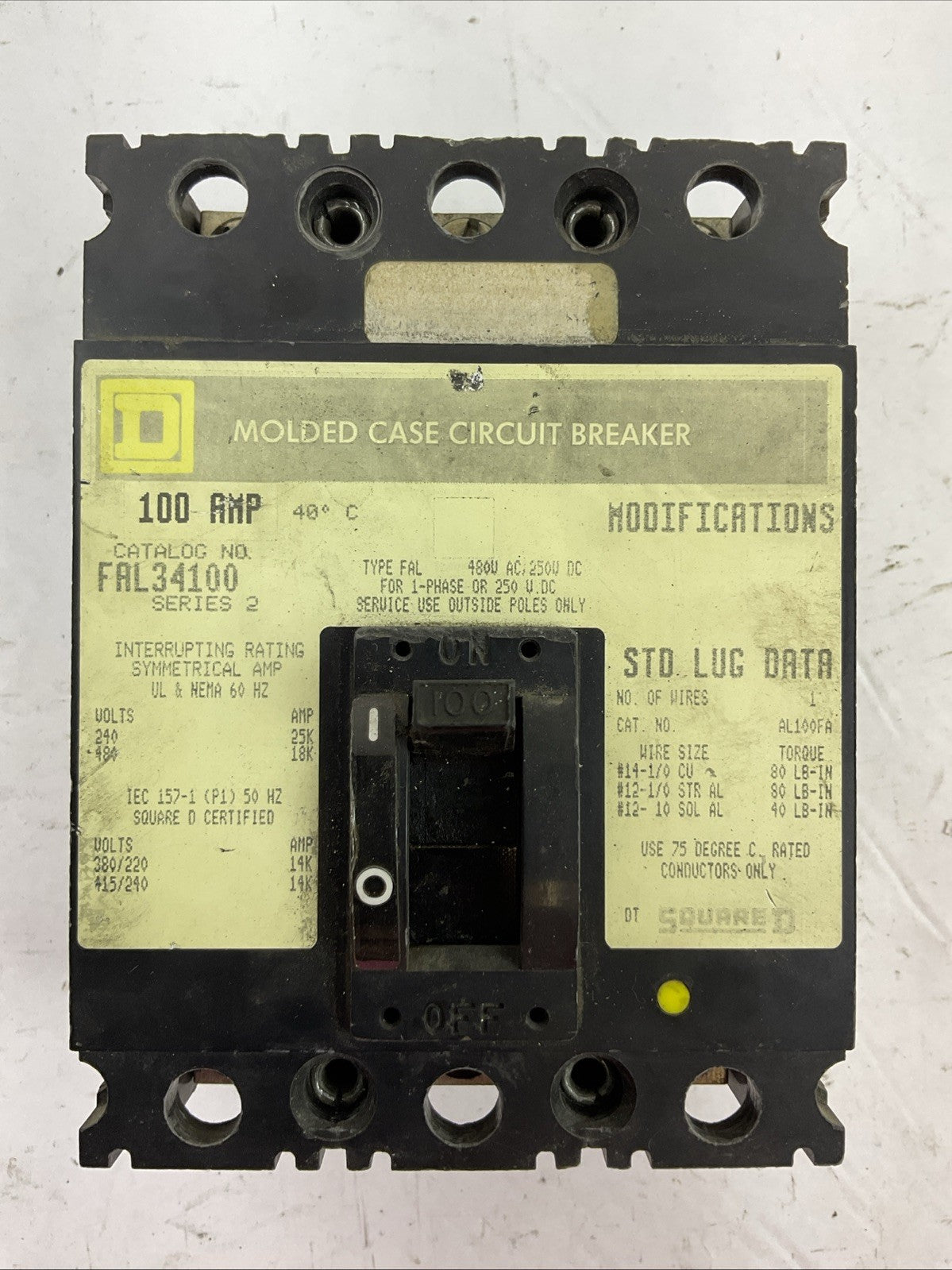 SQUARE D FAL34100 SER 2 MOLDED CASE CIRCUIT BREAKER 100AMP 3POLE 480VAC 250VDC