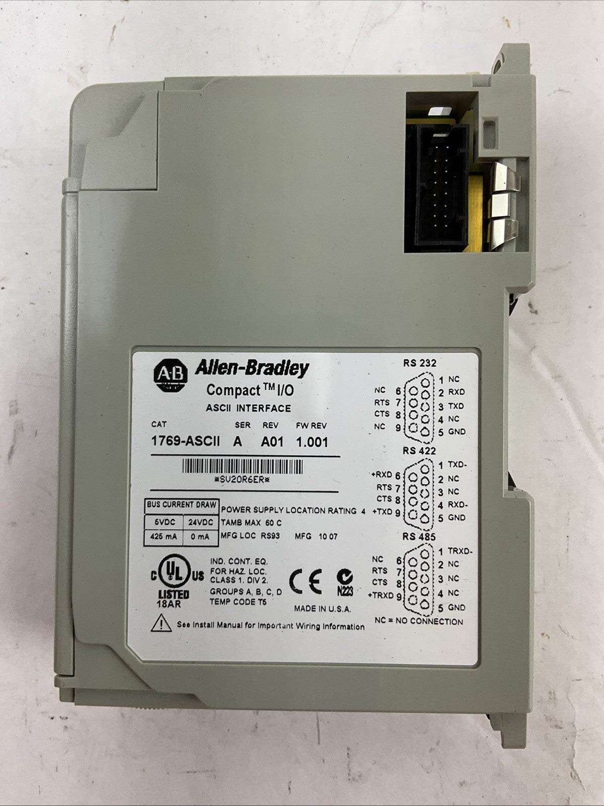 ALLEN BRADLEY 1769-ASCII SER A REV A01 FW REV 1.001 COMPACT I/O INTERFACE