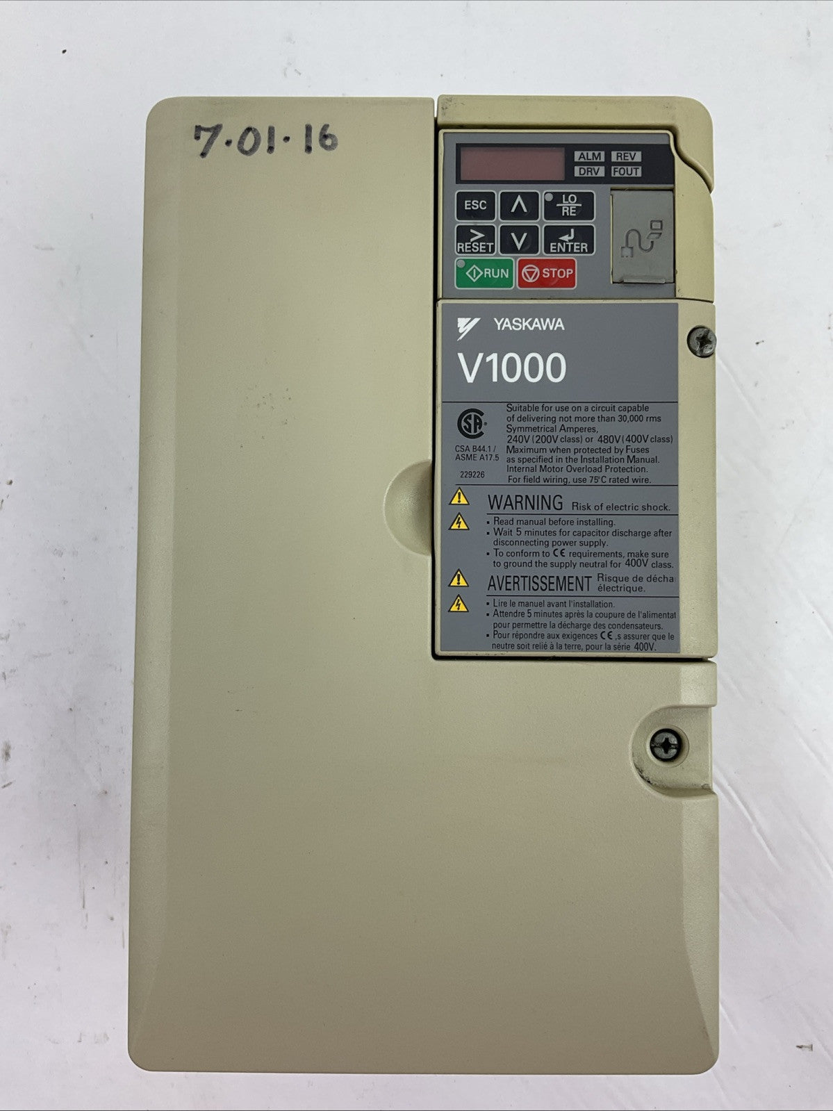 YASKAWA CIMR-VU4A0023FAA REV D V1000 AC DRIVE OUTPUT AC3PH 0-480V 23.0A/18.0A