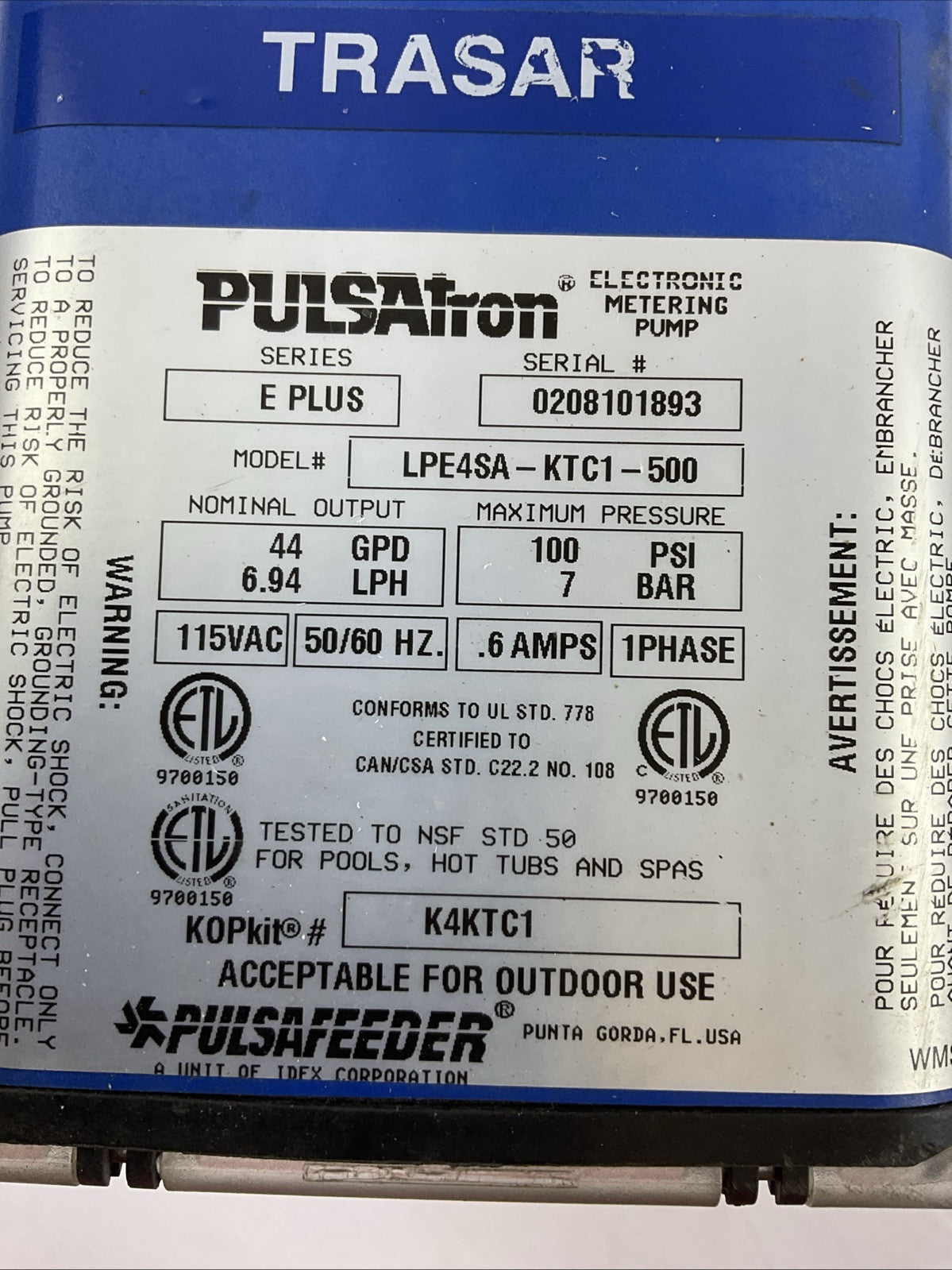 PULSATRON LPE4SA-KTC1-500 ELECTRONIC METERING PUMP 100PSI 7BAR 115VAC 0.6AMP 1PH