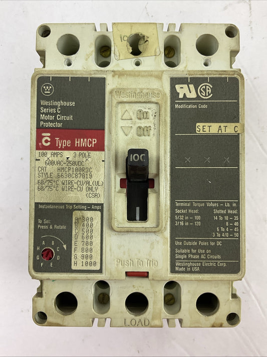 WESTINGHOUSE HMCP100R3C SER C INDUSTRIAL CIRCUIT PROTECTOR 100A 3P 600VAC 250VDC