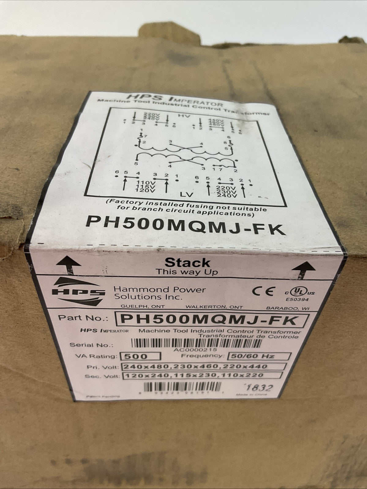 HAMMOND POWER SOLUTIONS PH500MQMJ-FK TRANSFORMER 500VA PRI 240X480 SEC 120X240