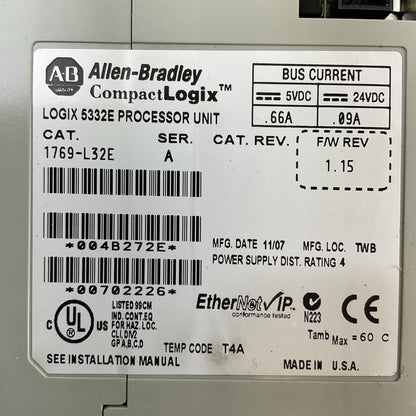 ALLEN BRADLEY 1769-L32E SER A F/W REV 1.15 COMPACT LOGIX 5332E PROCESSOR UNIT