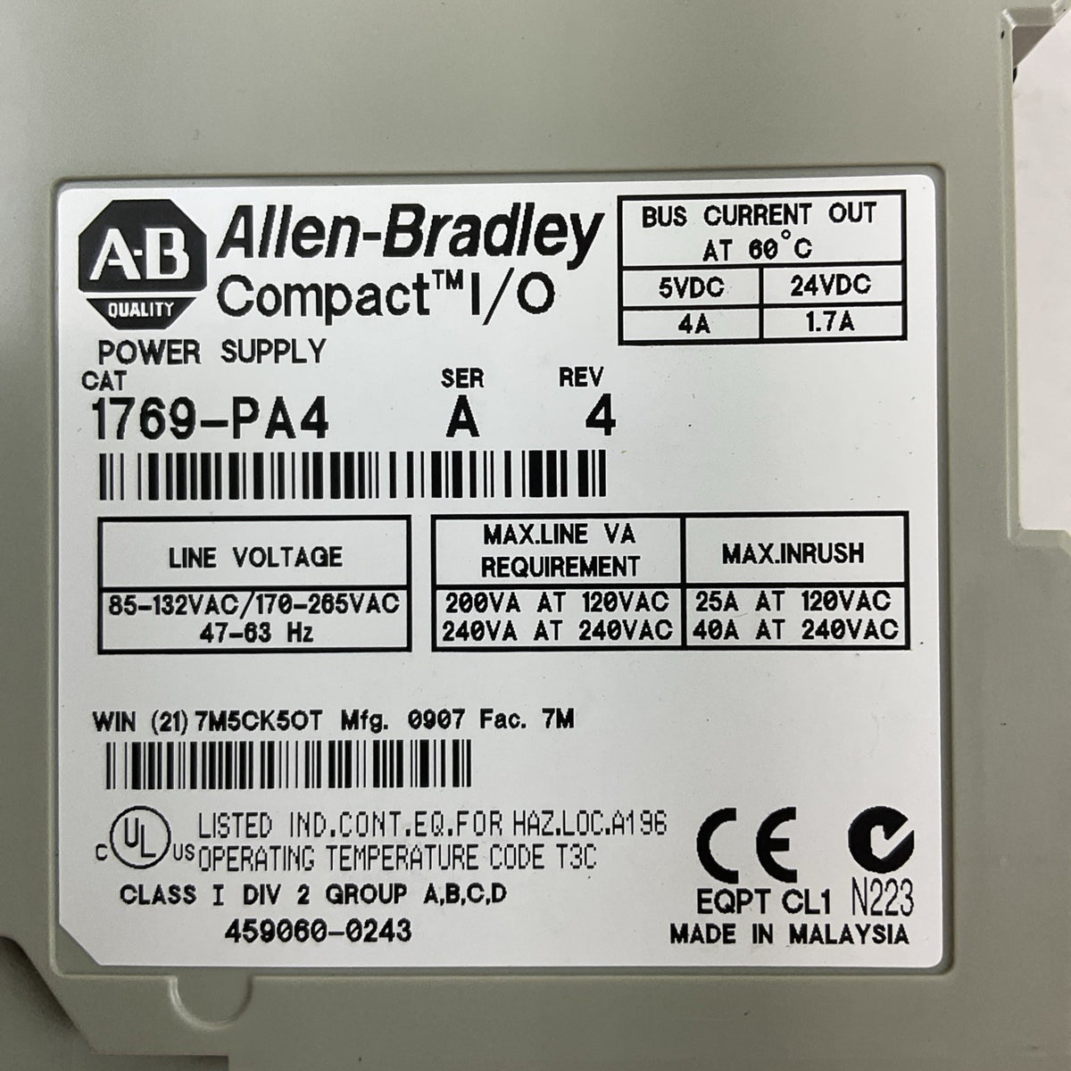 ALLEN BRADLEY 1769-PA4 COMPACT 1/O POWER SUPPLY SER A REV 4