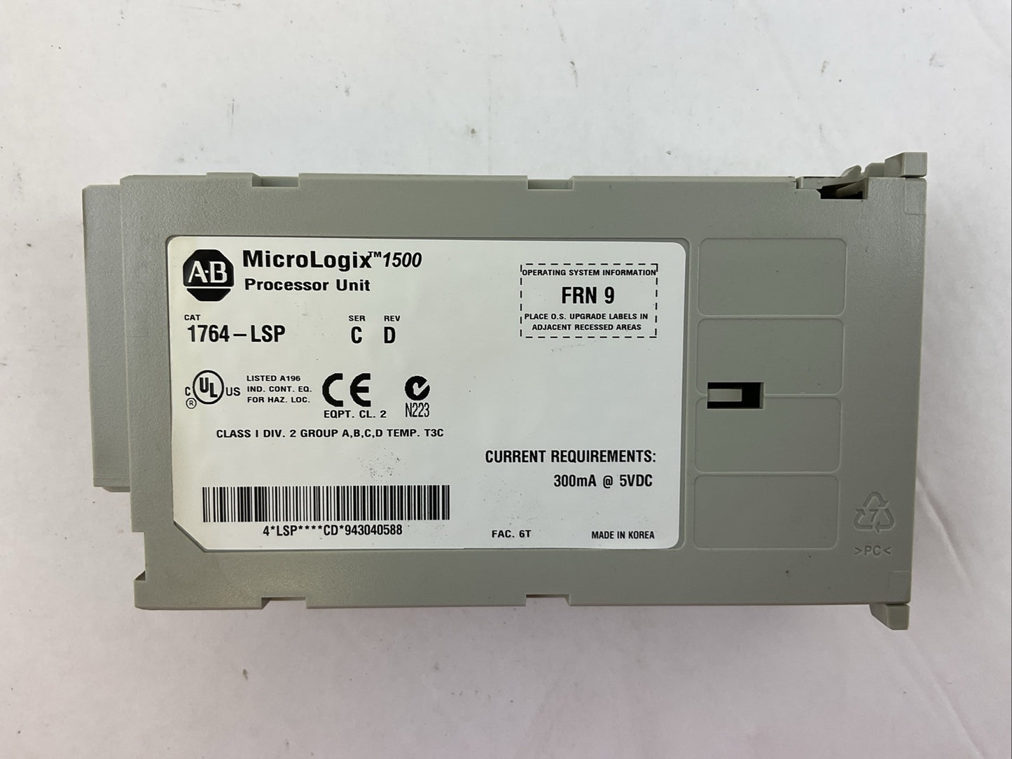 ALLEN BRADLEY 1764-LSP SER C REV D FRN 9 MICROLOGIX 1500 PROCESSOR UNIT