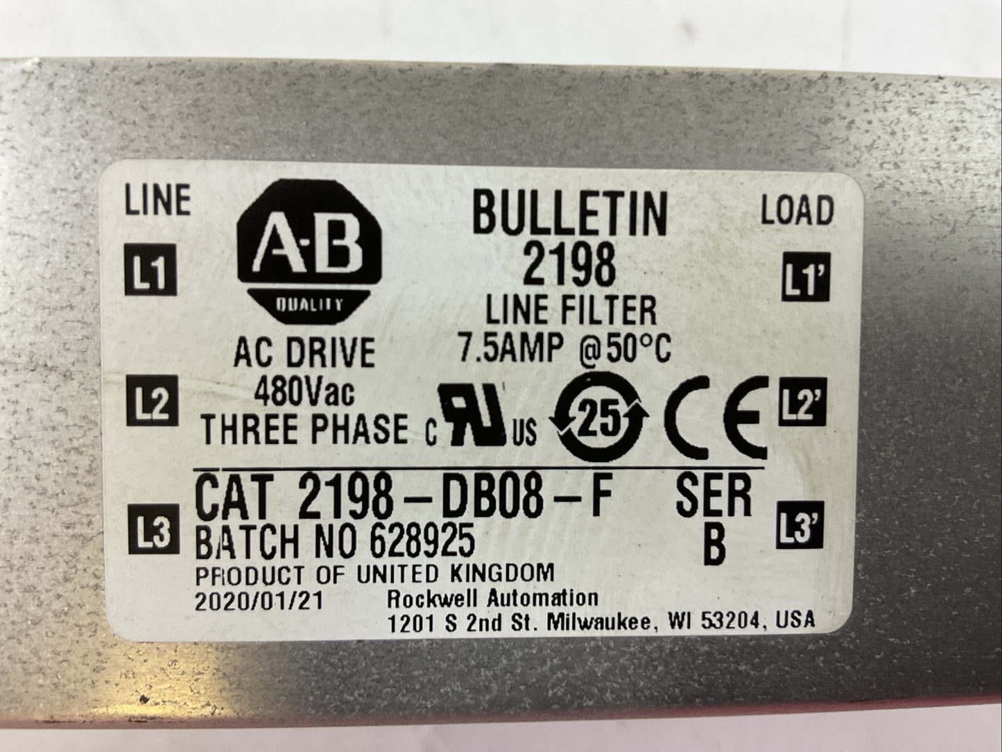 ALLEN BRADLEY 2198-DB08-F SER B LINE FILTER 7.5AMP 480VAC 3PHASE
