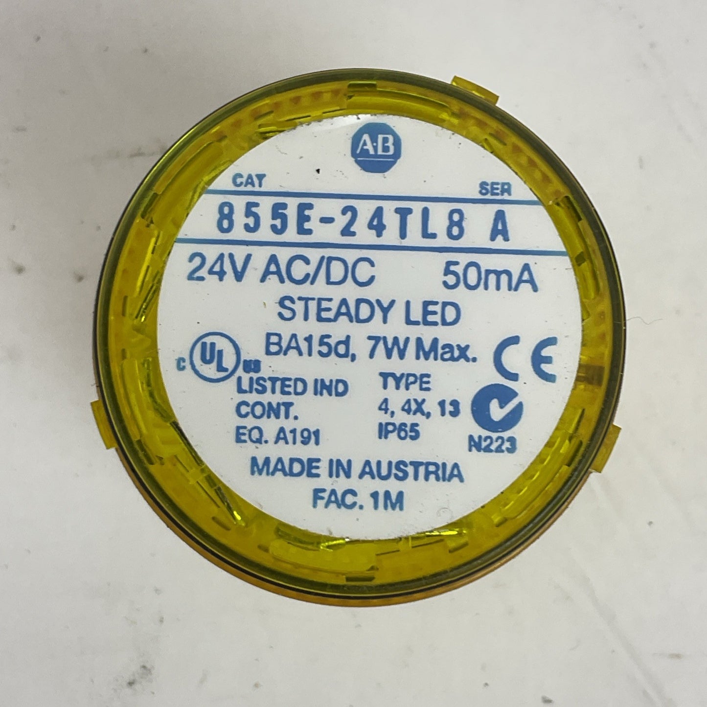 ALLEN BRADLEY 855E-24TL8 SER A 24V YELLOW STEADY LED STACK LIGHT 855E-LL24Y