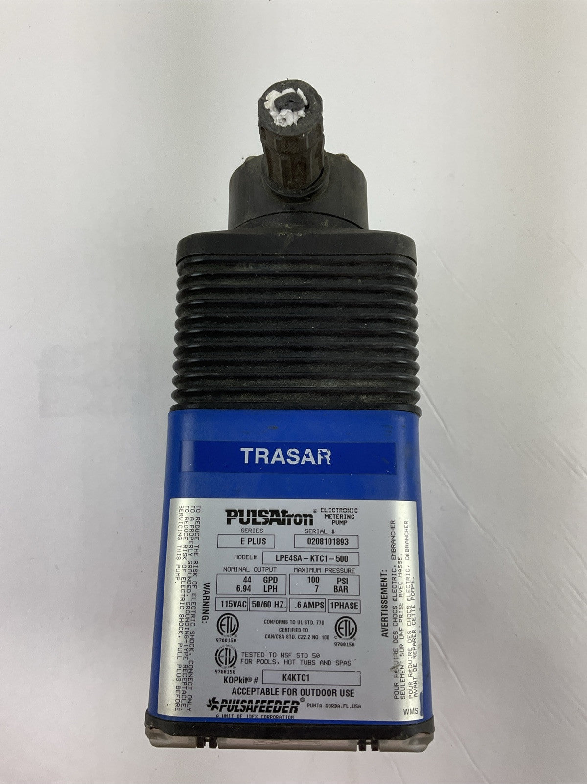 PULSATRON LPE4SA-KTC1-500 ELECTRONIC METERING PUMP 100PSI 7BAR 115VAC 0.6AMP 1PH