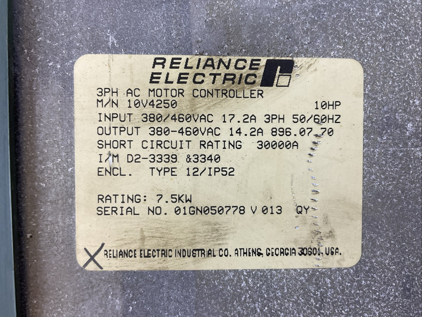 RELIANCE ELECTRIC 10V4250 AC MOTOR CONTROLLER OUTPUT 380-460VAC 14.2A 10HP