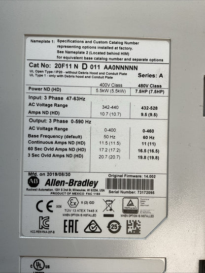 ALLEN BRADLEY 20F11 N D 011 AA0NNNNN SER A FIRMWARE 14.002 AC DRIVE 20-HIM-A2