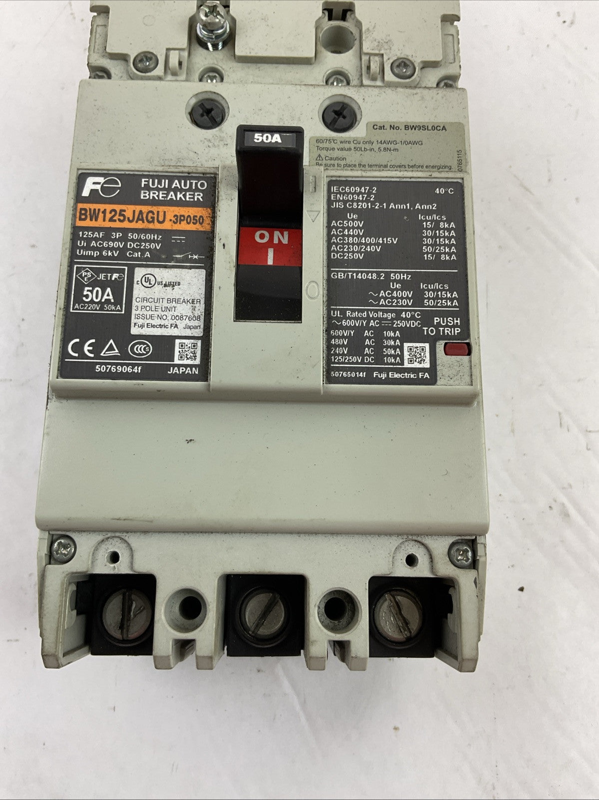 FUJI AUTO BREAKER BW125JAGU-3P050 50A 600VAC 250VDC 3POLE