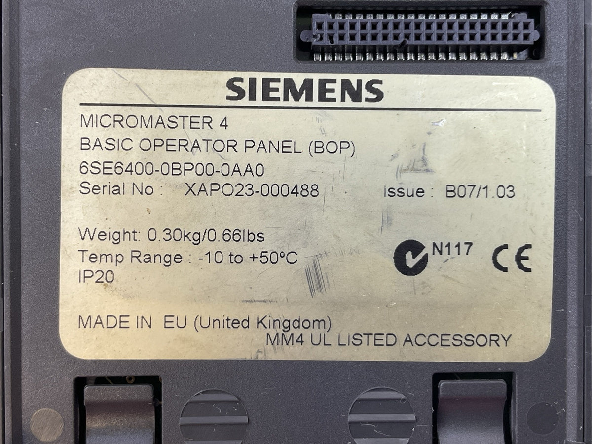SIEMENS 6ES6400-0BP00-0AA0 MICRO MASTER 4 BASIC OPERATOR PANEL VERSION B07/1.03
